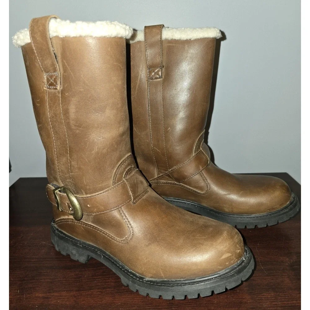 Timberland Women's Nellie Brown Leather Fleece Lined Slip on Winter‎ Boots 7M